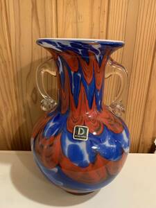 ブロカント フラワーベース 赤青 花瓶 壺 硝子 ガラス ダイヤモンドグラス マーブルカラー 昭和 レトロ 取手