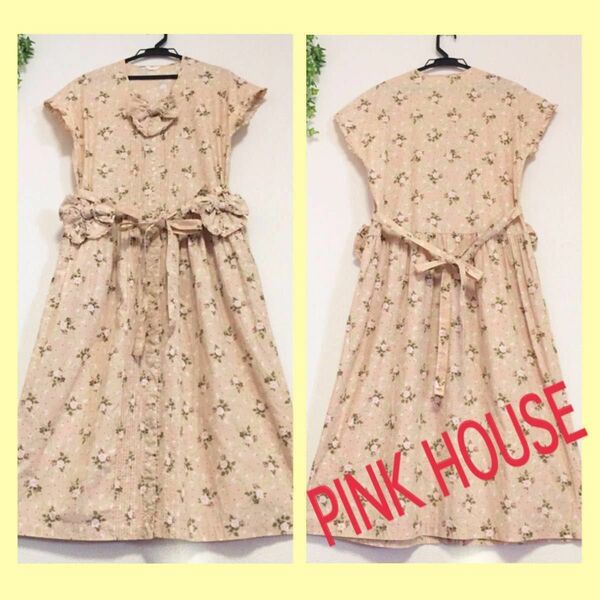 ピンクハウス　PINKHOUSE ピンタック　花柄　リボン モチーフ　ワンピース　ヴィンテージ