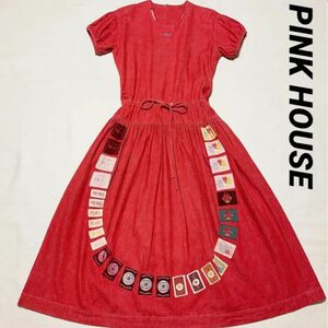 希少　ピンクハウス　PINKHOUSE パフスリーブ　ワッペン　ギャザー　デニム　ワンピース　レッド