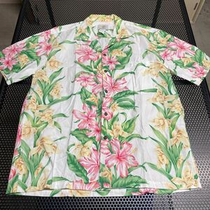 USA製（hawaii）アロハシャツ ハワイアンシャツ Lサイズ 白 ホワイト 花柄 綿のためシワあり 身幅60あるのでXL並みに大きいです