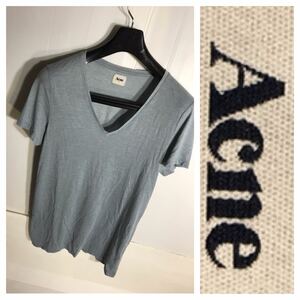 Acne アクネ トルコ製 ポリ綿 深いvネック 霜降りブルーグレー 半袖 ロゴ デザイン Tシャツ S