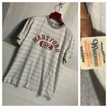 WAREHOUSE ウェアハウス　ウエアハウス　日本製　不規則ボーダー柄　HARTFORD 102 カレッジプリント　？　半袖　Tシャツ　M 霜降りグレー_画像1