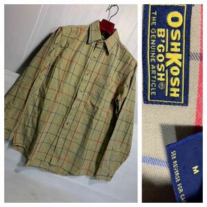 〜90's ヴィンテージ　OSHKOSH B'GOSH オシュコシュ　ビゴッシュ　USA製　肉厚フランネル　チェック柄　ネルシャツ ベージュ　M