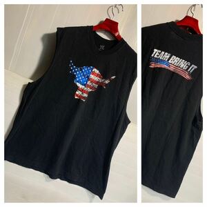 ヴィンテージ WWE ワールドレスリング 2011 THE ROCK ロック TEAM BRING IT 星条旗 アメリカ国旗 ノースリーヴ プロレスTシャツ 黒 XL