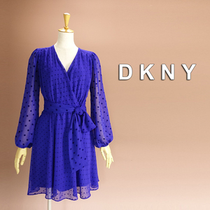 新品 DKNY 2/7号～9号 ダナキャラン 青 紺 シフォン ワンピース パーティドレス 長袖 結婚式 二次会 披露宴 フォーマル 発表会 慶華41H1401