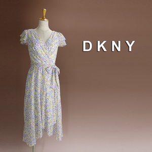 新品 DKNY 16/21号 ダナキャラン 白 黄色 紫 花柄 シフォン ワンピース パーティドレス 大きい結婚式 二次会 披露宴 フォーマル 葵39H2706