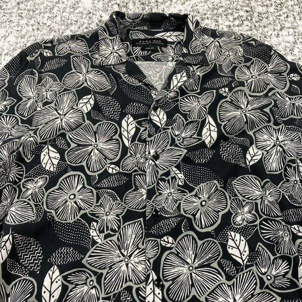 【人気柄】ZARA ボタニカル　花柄　モノトーン　オープンカラー半袖シャツ　ブラック　Mサイズ 柄シャツ アロハシャツ