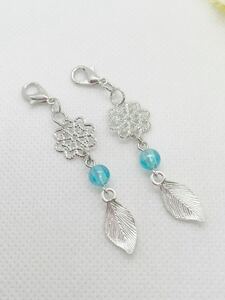 No.526-2 * remainder 1 set *... flower . leaf ... charm * silver & light blue pair set # mask charm hand made 