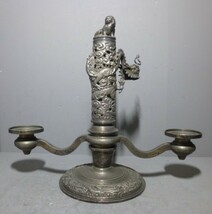 【史】真鍮製 キャンドルスタンド アジアンアンティーク 燭台 回転式 獅子と龍 珍品_画像2