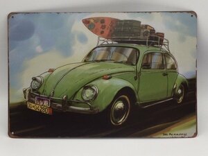 送料無料 クラシック　ビートル　サーフボード　緑　金属製 メタルサインプレート フォルクスワーゲン BEETLE 空冷 看板 ブリキ VW タイプ1