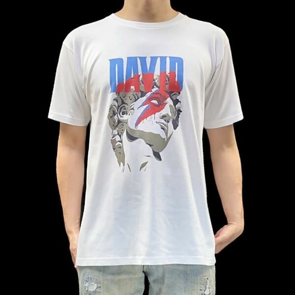 新品 ダビデ像 ミケランジェロ DAVID BOWIE デヴィッド ボウイ アラジンセイン 稲妻 雷 サンダー メイク Tシャツ タイト ビッグ 白 Mサイズ