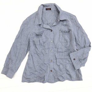 EVEX by KRIZIA クリツィア ギャザー オープンカラー シャツ 42(XL) 紺 ネイビー 七分袖 ブラウス ゆったり 大きいサイズ 2L LL レディース