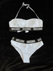 新品モスキーノ MOSCHINO★ロゴビキニ 水着トップスS ビキニS ホワイト/ブラック日本参考サイズM スイムウエア女性下着