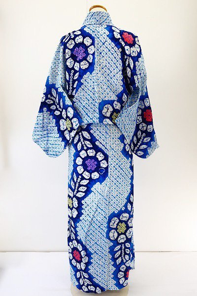 送料無料】浴衣有松絞り青紺白花柄身丈161cm お洒落伝統夏仕立て上がり