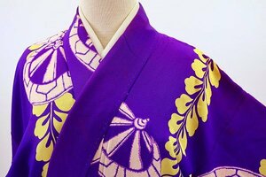[ кимоно fi] античный мелкий рисунок глициния колесо фиолетовый желтый цвет длина 148.5cm Taisho роман retro совершенно новый kimono 14080