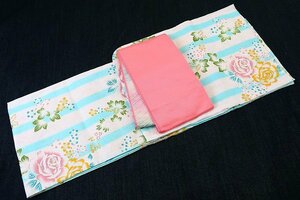 [ кимоно fi] юката hanhaba obi 2 позиций комплект свободный размер роза маленький цветок белый розовый бледно-голубой длина 163cm женский симпатичный m-5008