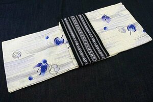 [ kimono fi] yukata hanhaba obi 2 point set free size cotton flax . light beige purple blue length 165cm adult lady's m-5006