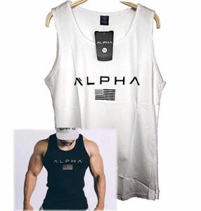 【XXL-size】ALPHA ボディビル タンクトップ ホワイト/ゴールド/筋トレ/トレーニング/スポーツウェア/ジム/GYM/フィットネス/カネキン/BCAA