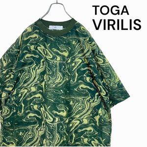 【人気】トーガ マーブル プリント シアー Tシャツ メンズ 48 グリーン トーガビリリース TOGA VIRILIS 総柄 マーブル柄 シースルー 緑 L