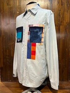 K886 мужской рубашка GAIJIN MADEgai Gin meidoHRM длинный рукав Denim лоскутное шитье переделка способ шт ../ L единый по всей стране стоимость доставки 520 иен 