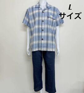 新品18065 青プルーチェックパジャマLサイズRudolph Valentino半袖長パンツ 楽らく快適パジャマウエスト調整ゴム付き着脱簡単