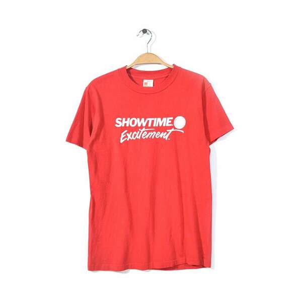 【送料無料】80s シグナル USA製 ヴィンテージ Tシャツ SHOETIME EXCITEMENT 赤 レッド 袖裾シングル アメカジ SIGNAL M 古着 @BZ0093