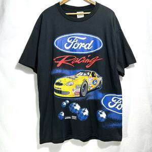 ■ ビンテージ CHECKERED FLAG ” Ford ” レーシング デザイン プリント Tシャツ X -LARGE ブラック アメカジ 企業 カーレース ■