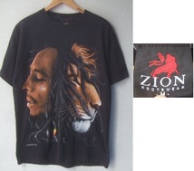 2004年製●ZION ROOTSWEAR BOB MARLAYボブ・マリー ビッグフェイスプリント 半袖Tシャツ/古着アメカジロックレゲー黒色Mサイズ_画像1