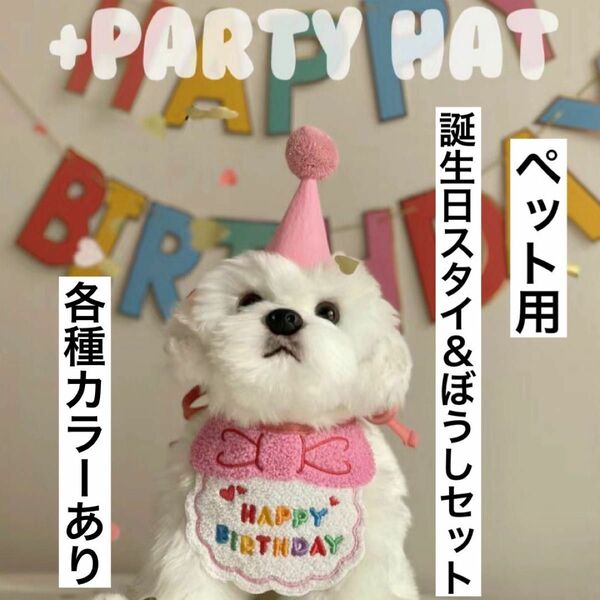 犬　猫　ペット　誕生日 スタイ 三角帽子セット　2点セット　可愛い　人気