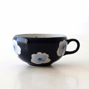  soup cup stylish ceramics made in Japan Seto . lovely peace modern Indigo color flower design soup mug soup bowl roasting thing soup cup RURI
