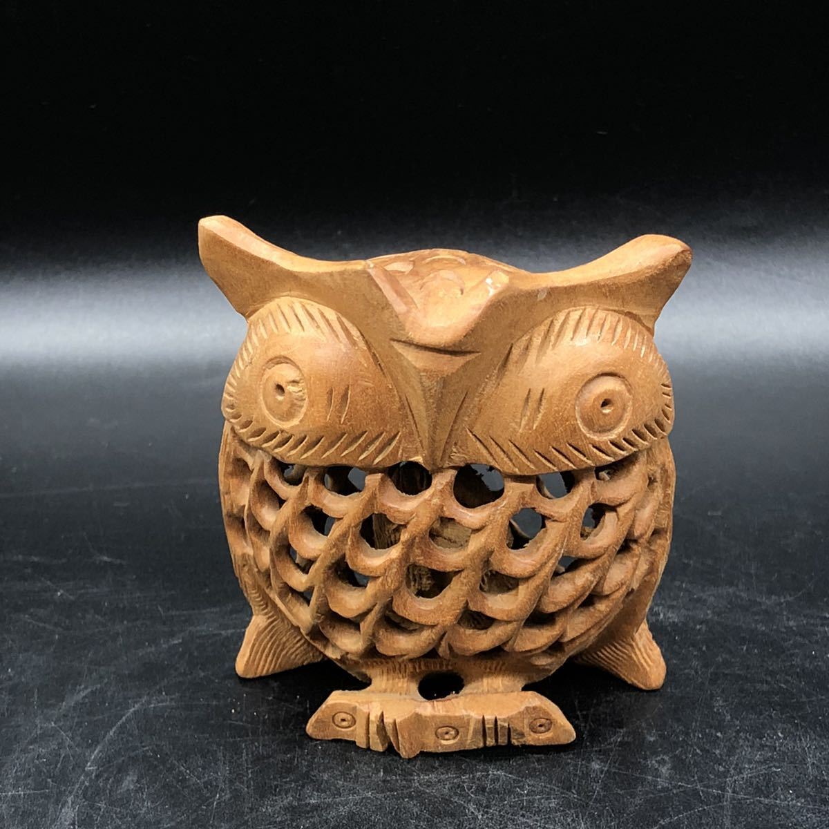Owl parent and child openwork carving wooden feng shui goods/good luck goods (owl owl) bird figurine natural wood wood carving handmade W24-11, sculpture, object, oriental sculpture, others