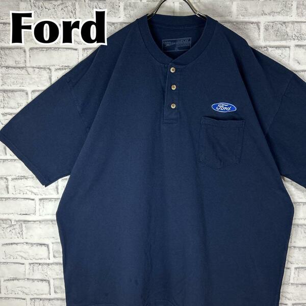 Ford フォード 刺繍ロゴ ハーフボタン ワンポイント Tシャツ 半袖 輸入品 春服 夏服 海外古着 会社 企業 車 自動車 胸ポケット ワッペン