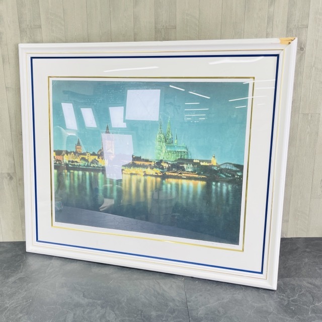 ケルン大聖堂の夜景【中古】森秀雄 12/75 世界遺産巡描シリーズ 風景画 額付き/53878, 美術品, 絵画, その他