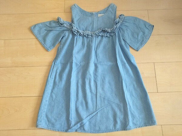 【美品】★Zara Girls★■カットアウトデニムワンピース/肩出し/肩見せ/デニムワンピ/128cm/130cm/ザラガールズ■