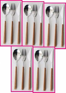 [ free shipping : cutlery :15ps.@]*3ps.@x5 set *kchi paul (pole) manner : stylish * wood grain * curry spoon :21cm, Fork :21cm, steak knife :22cm