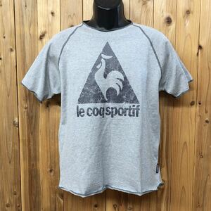 le coq sportif /ルコック /メンズM 半袖 Tシャツ ラグラン袖 ビッグロゴ プリント カットオフ グレー スポーツ カジュアル 古着