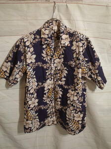 メンズ ph572 古着 日本製 ハイビスカス柄 パイナップル柄 半袖 アロハシャツ ネイビー 紺