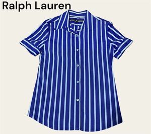 【Ralph Lauren】フレンチブルー×ライトブルー 爽やかストライプ 半袖シャツ ブラウス 9号