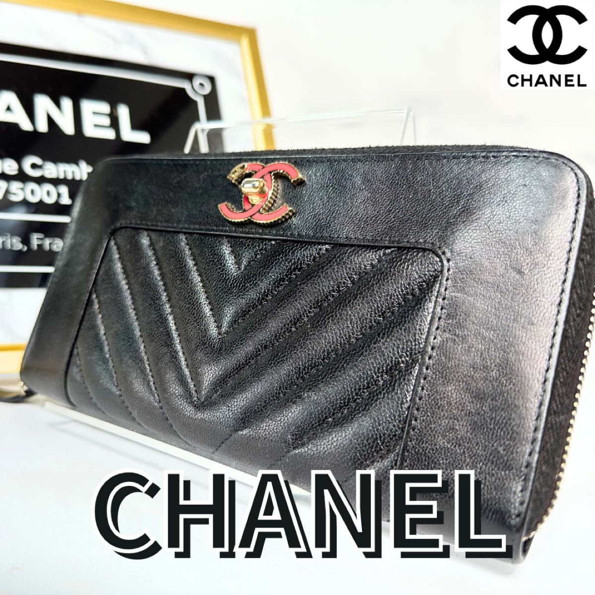 超美品 レア CHANEL マドモアゼル シェブロン キャビアスキン 長財布