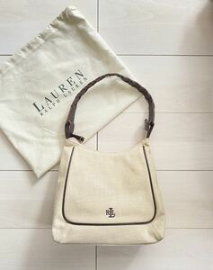  Ralph Lauren flax linen× leather beige Brown eggshell white shoulder bag handbag unbleached cloth summer 