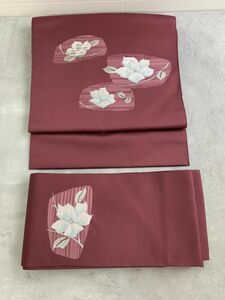 美品　婦人　女性　着物　付け帯　装着　名古屋帯　化繊　浅蘇芳色に花の織り紋様　銀糸使い　ワンタッチ　保管品