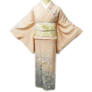 訪問着 中古 着物 正絹 袷 フォーマル 花の図 春秋 菊 桜 洒落柿色 薄灰色 多色 身丈160cm 裄66.5cm M きもの北條 A889-11