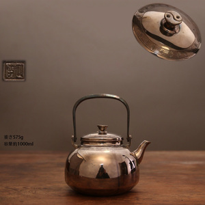 古銀 茶壺 延寿 造 「純銀鏨刻回紋鏡面提梁壺」 銀瓶 煎茶 湯沸 急須 茶道具 時代物 銀純度99.9% LT-0740