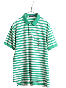 90s ■ ポロ ラルフローレン ボーダー 鹿の子 ポケット付き 半袖 ポロシャツ メンズ L 90年代 POLO ポニー刺繍 ワンポイント 緑 白 2トーン