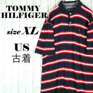 【US古着◎送料無料】トミーヒルフィガー 刺しゅうロゴ ボーダーポロシャツ XL