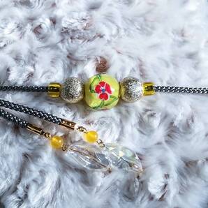 SALE●浴衣用小物 KK 花模様黄色とんぼ玉 カルセドニー 浴衣用帯締め 濃鼠色●