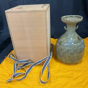 【梨地灰釉 花生】加藤舜陶 花瓶 フラワーベース 花器 高さ 約20.5cm 共箱 木箱付き 陶器 インテリア【A2-4②】0722