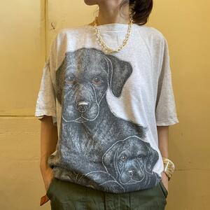 【W52】ヴィンテージ Tシャツ オーバープリント 犬 ドッグ アート イラスト