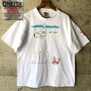 【XZ25】Tシャツ かわいい ゆるかわ 猫 ネコ イラスト 90s 白T Studio Q スタジオキュー キャット フィッシュ カニ アート