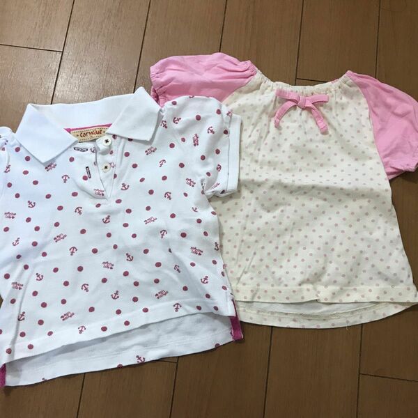 80 女の子　トップ２点　ラグランＴシャツ　マリン風ポロシャツ　二枚セット　半袖